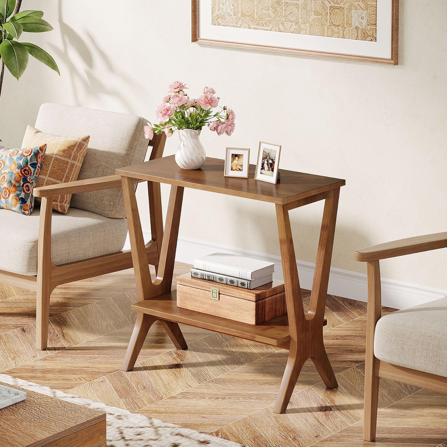 Tribesigns Retro 2-Tier Side Table, 23.6" Wooden Sofa End Table with Open Storage Shelves for Living Room, Bedroom, Small Space, Vintage Brown