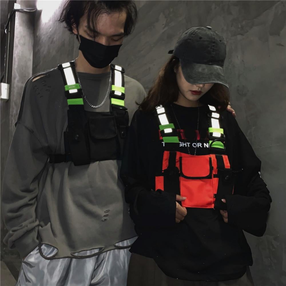 With Safe Reflective Strip Functional Hip-Hop Chest Bag Harness Vest  Unisex Bag 