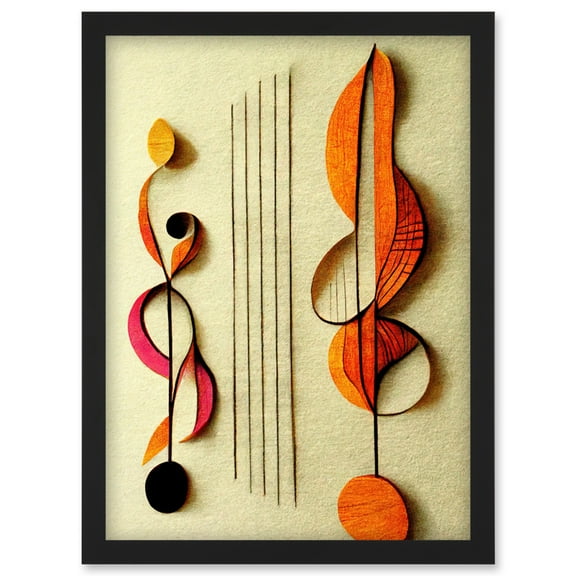 Abstract Autumnal Boho Music Clefs and Staff Musical Cream Copper Pink Yellow Artwork Framed Wall Art Print A4