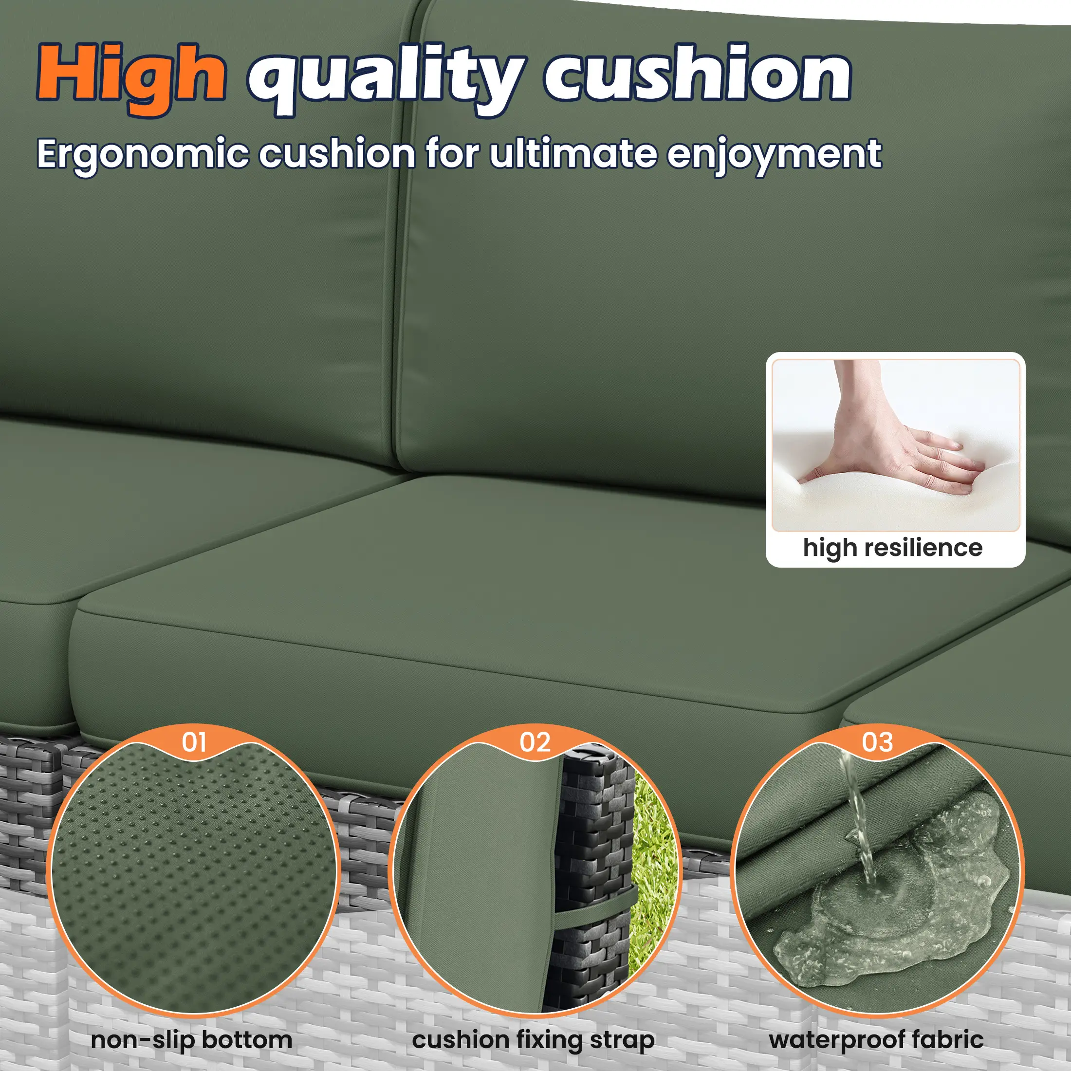 UDPATIO 6-Piece Patio Furniture Set, Outdoor Patio Sofa Set With Wide Armrest, All-Weather Wicker Rattan Guest Set With Cushion And Glass Table And Waterproof Cover, Grey &Green