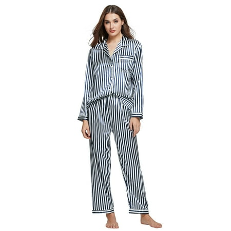 

Tony & Candice Women s Classic Satin Pajama Set Adult Sleepwear (XL Blue and White Striped)