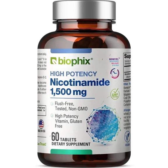 Biophix Nicotinamide 1500 mg 60 Tablets Maximum Strength | Flush-Free Niacin Skin NAD 
