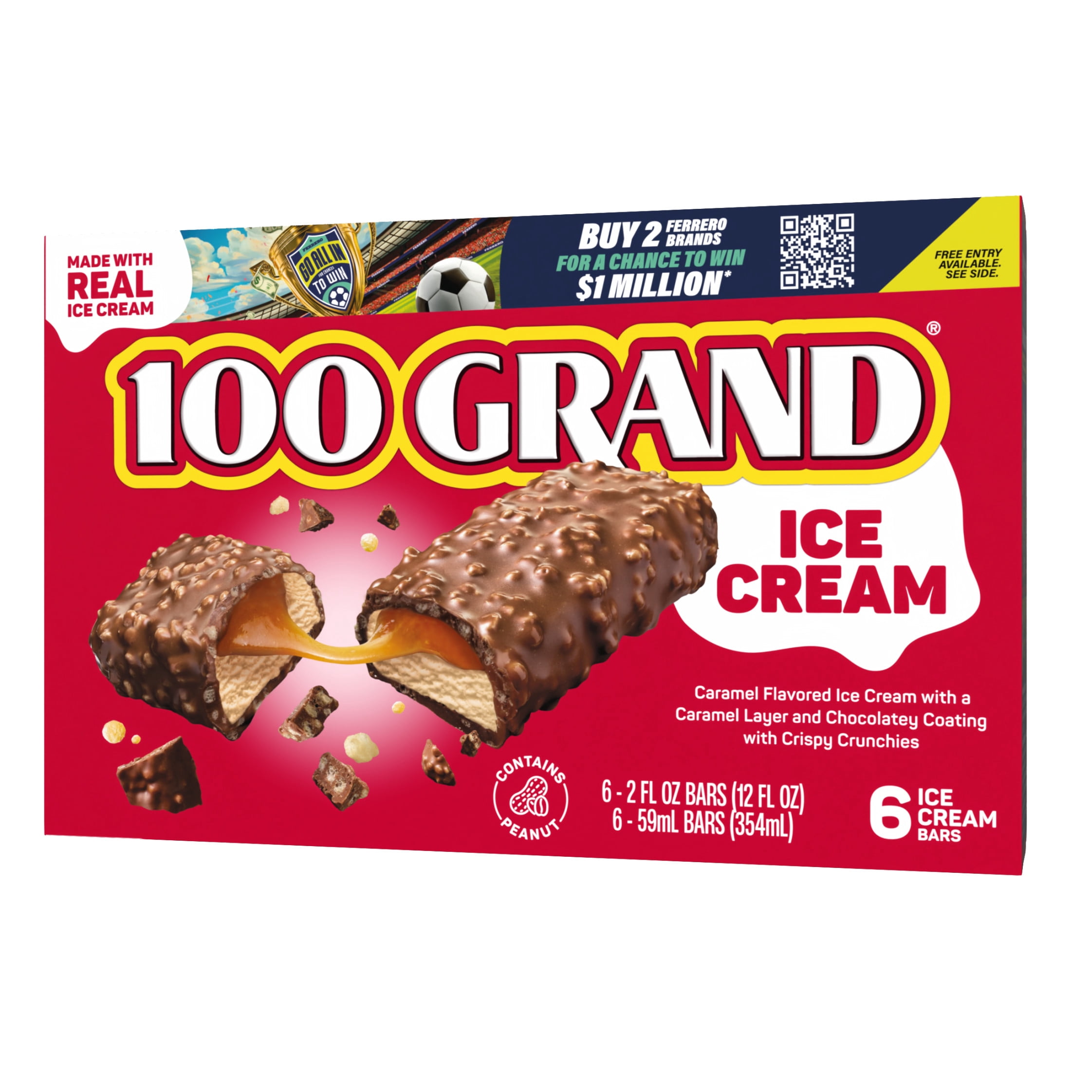 100 Grand Ice Cream Bars with Caramel, Crispy Crunchies & Chocolatey Coating, 6 pack, Frozen Dessert