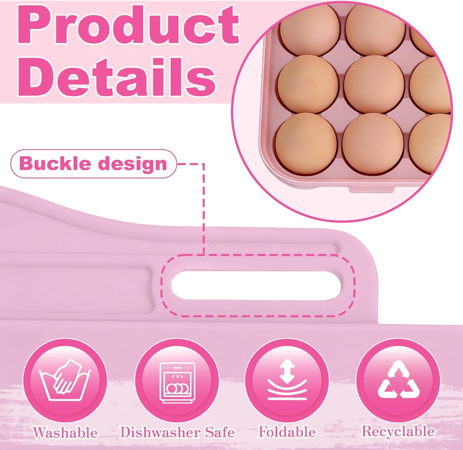 ABPETE Large Capacity Outdoor Egg Holder, Plastic Egg Fresh Carrier Egg Storage Container Organizer Box for Fridge, Stackable Egg Holder for Refrigerator Picnic Hiking Travel, 18 Eggs Tray Pink