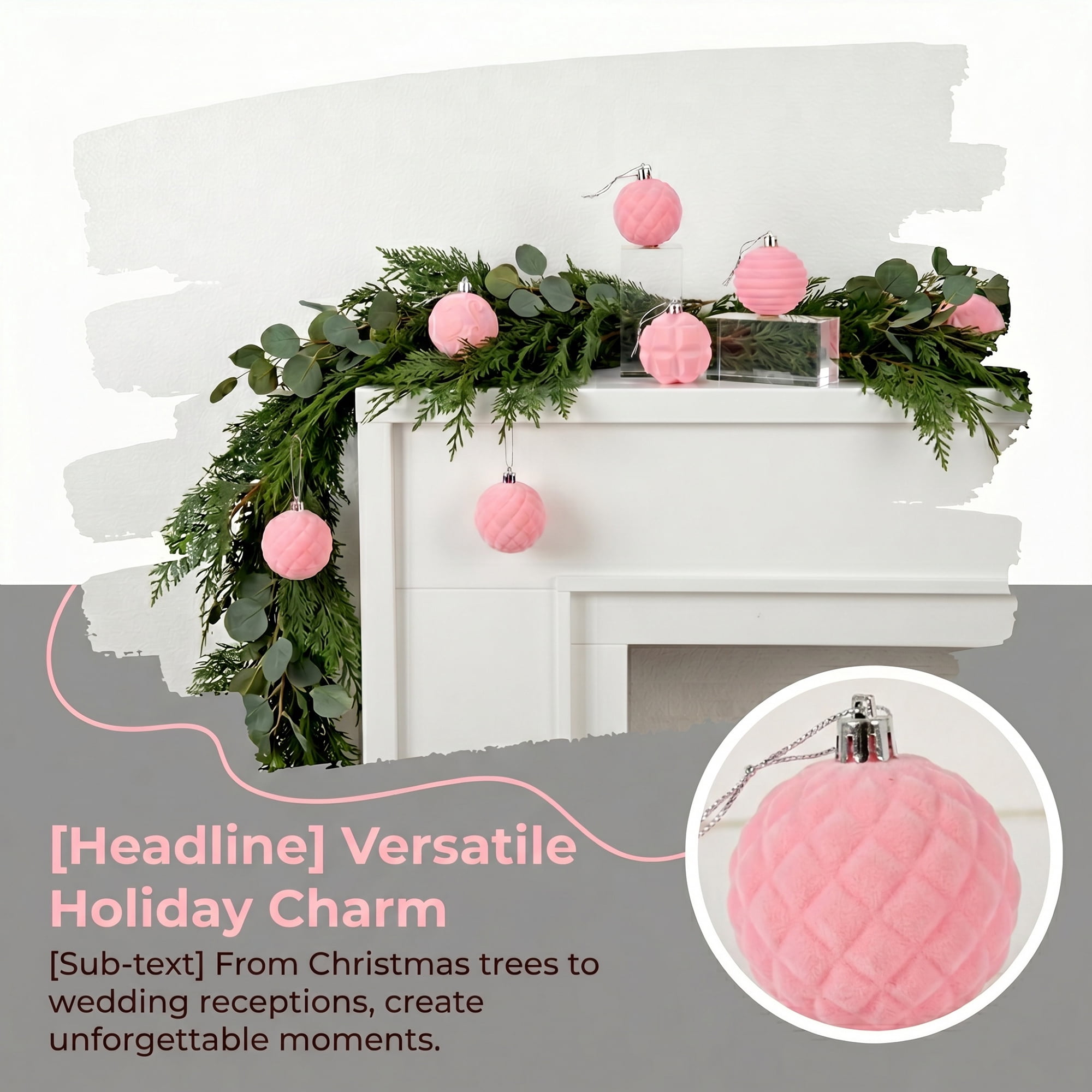 Unique Bargains Velvet Christmas 12 Pack Flocked Sphere Orbs Luxury Ornaments Pink 2.4"