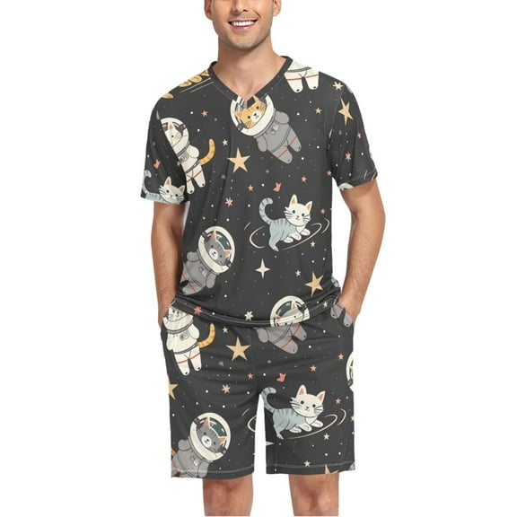 joogoo Men's Pajama Set Cats on Space V-Neck Pj Shorts Set 2 Piece Loungewear Sleepwear L
