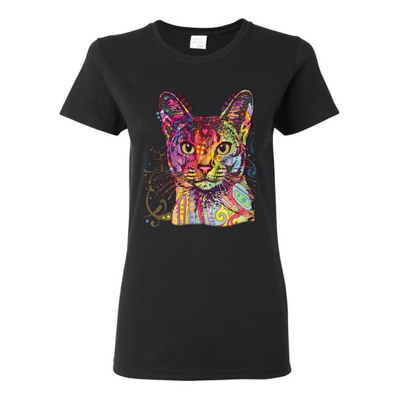 Wild Bobby Dean Russo Colorful Cat Abyssinian Cat Lover Women Graphic Tee, Black, Small