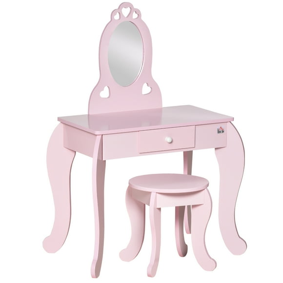 Qaba Kids Vanity Table Set with Mirror and Stool, Drawer, Pink