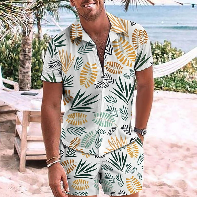 Hfyihgf Men's Hawaiian Shirts Casual Button Down Short Sleeve Shirts Set Printed Shorts 2 Piece Outfits Beach Tropical Hawaii Suits(White,XXL), Size