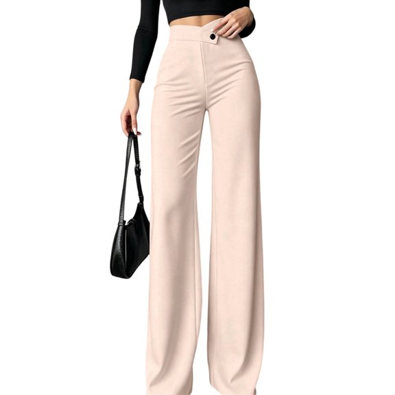 Yungyresw Dress Pants For Women Straight Wide Leg Solid Color Palazzo Pants Business Casual Trousers Office Work High Waist Pants Beige L