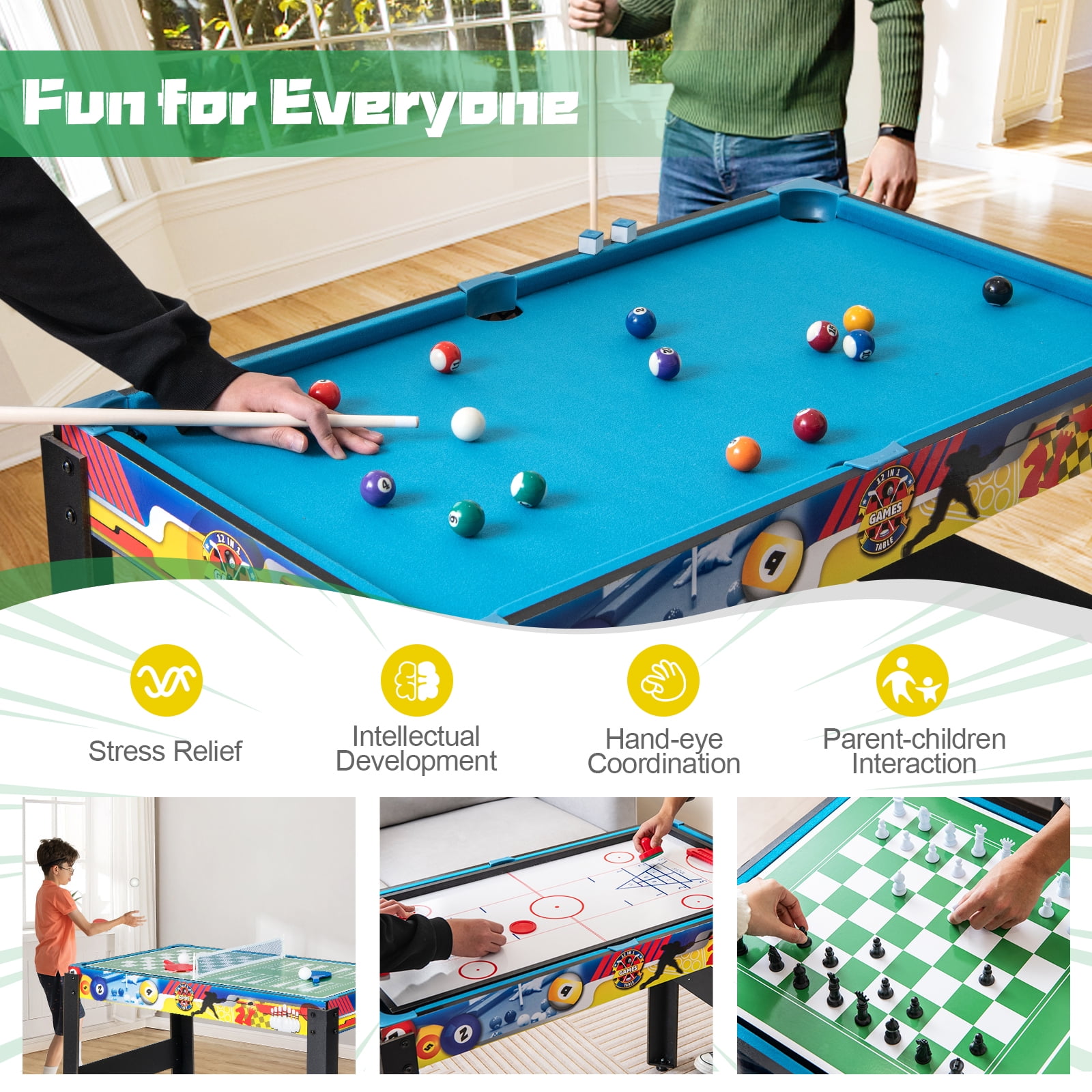 Topbuy 12-In-1 Game Table 48 Inch Combo Game Table w/ Billiards Foosball Ping Pong Hockey Shuffleboard