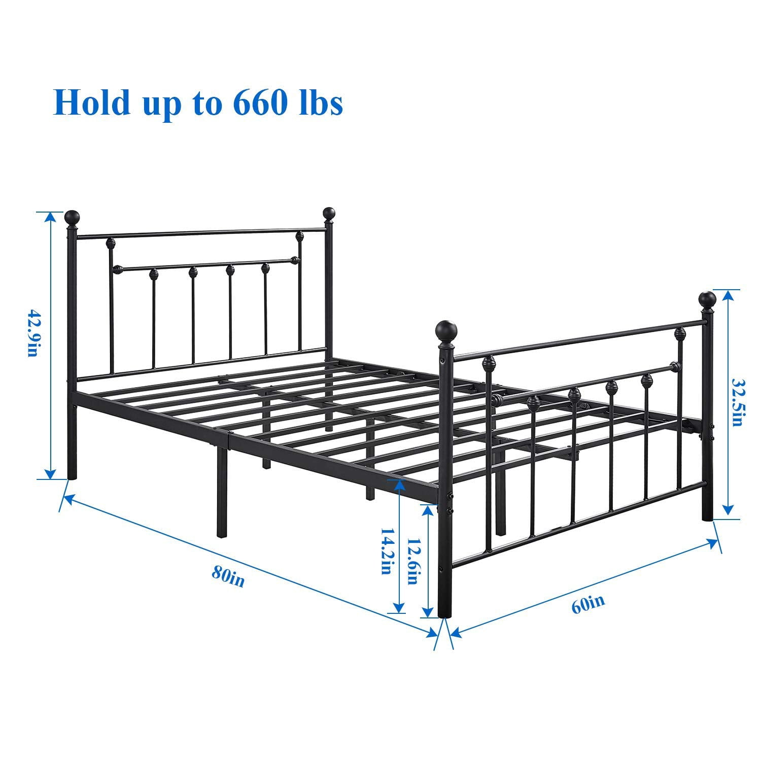 Victorian Queen Size Metal Platform Bed Frame with Headboard & Footboard, No Box Spring Needed, Black