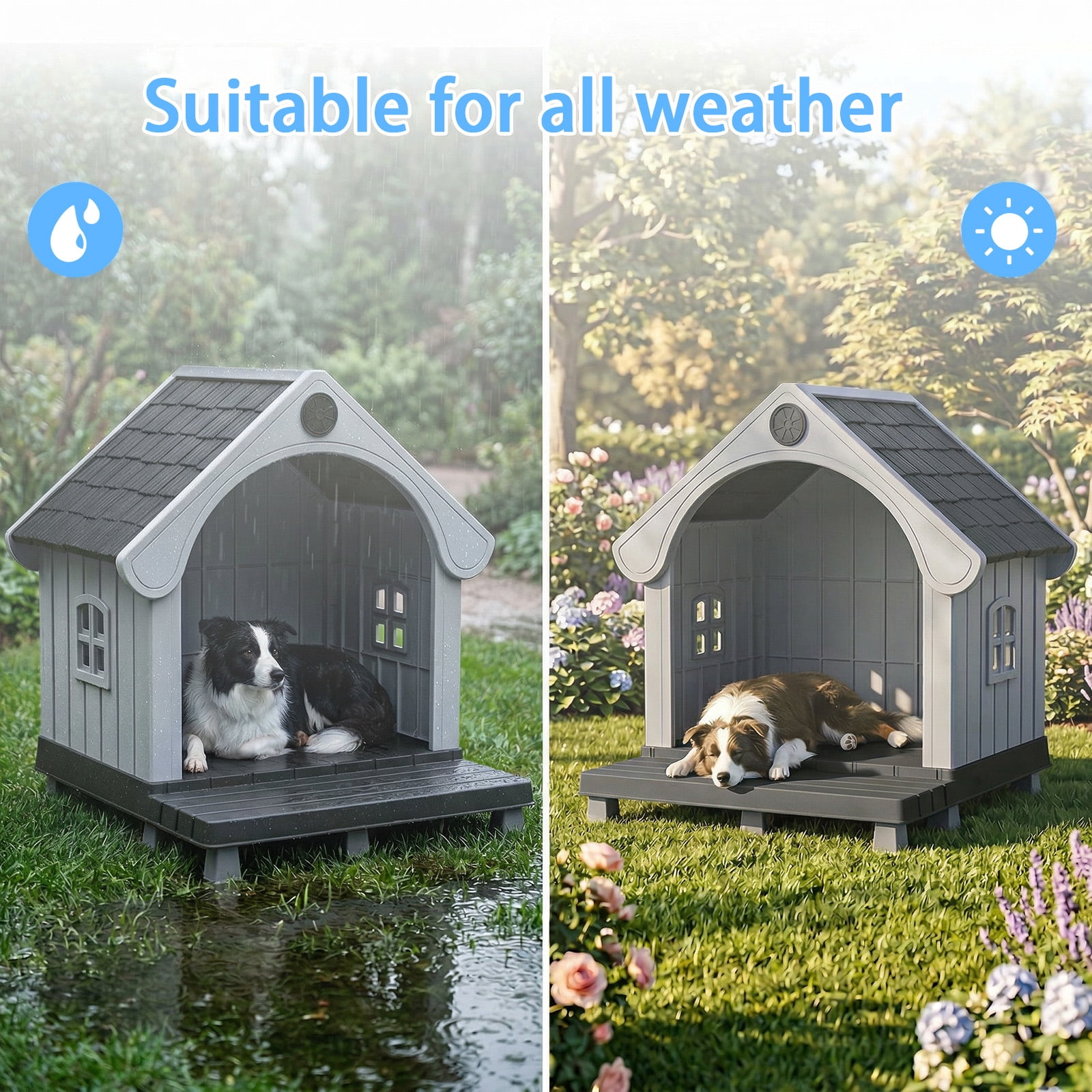 Fazzn Elevated Resin Dog House with Porch, Weatherproof Outdoor Pet Shelter for Small to Medium Dogs, Easy Assembly & Durable.Black
