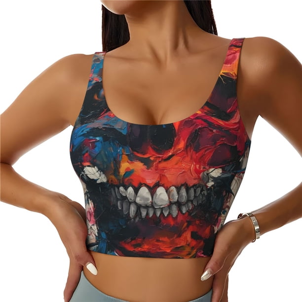 Balery Abstract Colorful Skull Art Sujetadores deportivos con espalda cruzada para mujer, acolchados, sin costuras, de alto impacto, ideales para yoga, gimnasio, entrenamiento y fitness.-Large