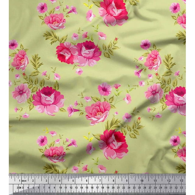 Soimoi Polyester Crepe Fabric Leaves,Rose & Peony Floral Decor Fabric Printed Yard 52 Inch Wide