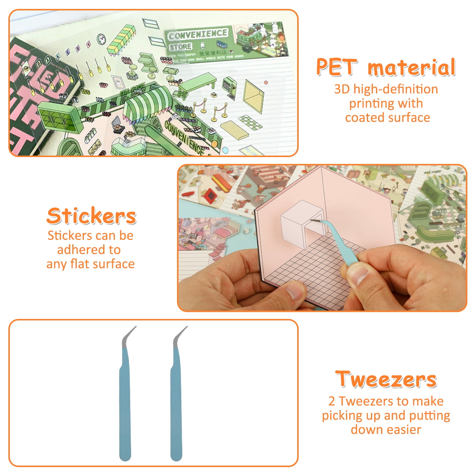 Vensio -16Pcs DIY 3D House Scene Stickers Set with 2 Tweezers, Reusable PET 3D Cartoon Furniture Stickers for Mini Room Decoration and Laptop Crafts, 1set