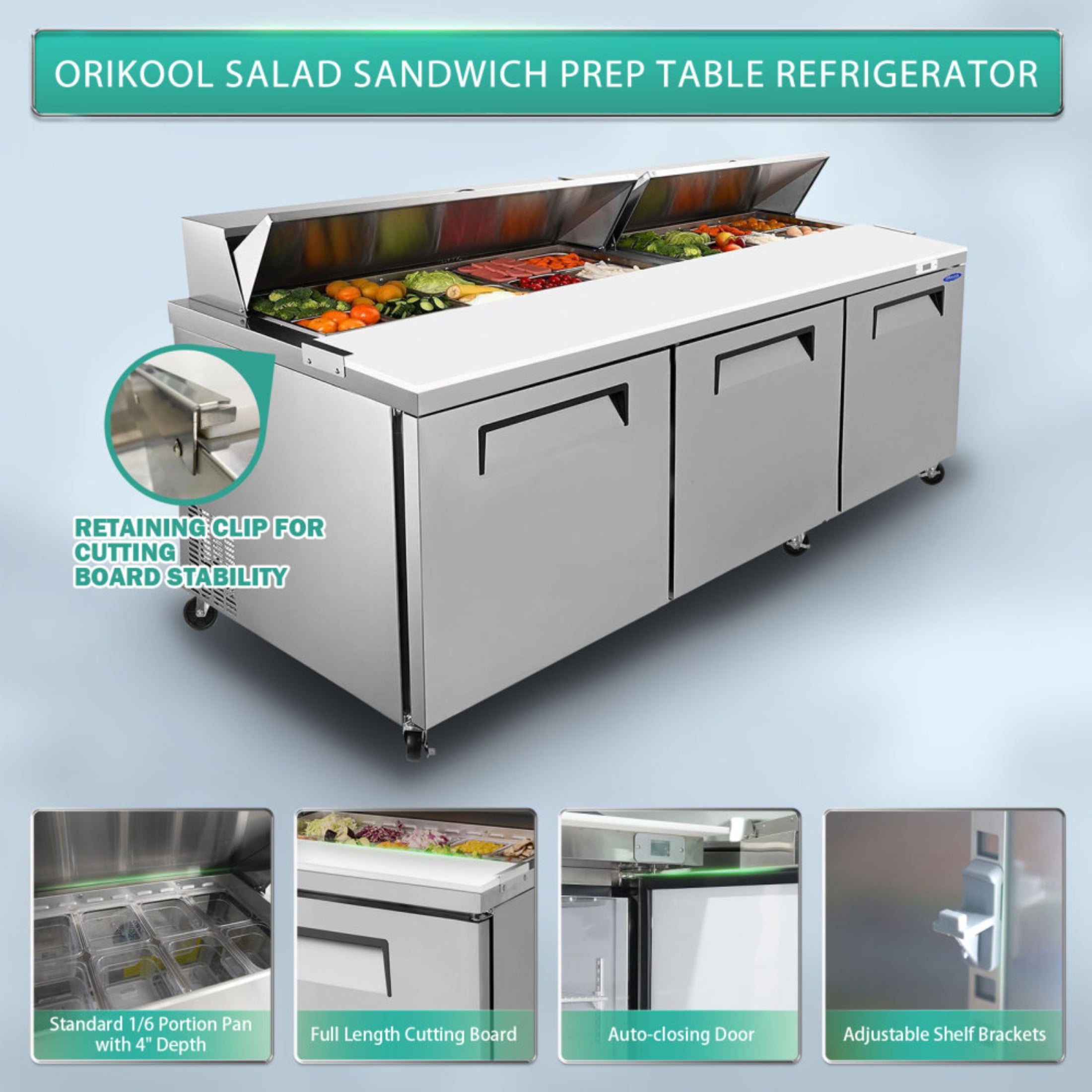 3-4 chefs to work ,72 IN Commercial Refrigerators Sandwich&Salad Prep Table with a Butcher Block Cutting Board, Protection Lid, Cold Storage, ETL Certified(LTL carry)