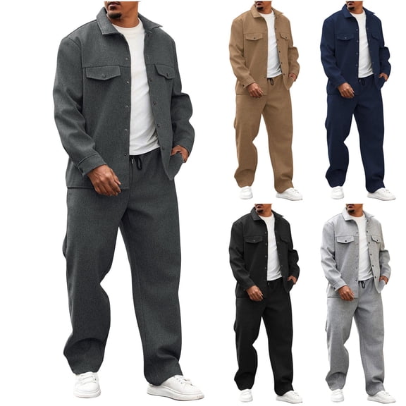 Hinvhai Men’s Retro Jacket & Cargo Pants 2-Piece Set, Casual Solid Color Long Sleeve Button up Jacket and Work Pants Outfits Navy XL(XL)