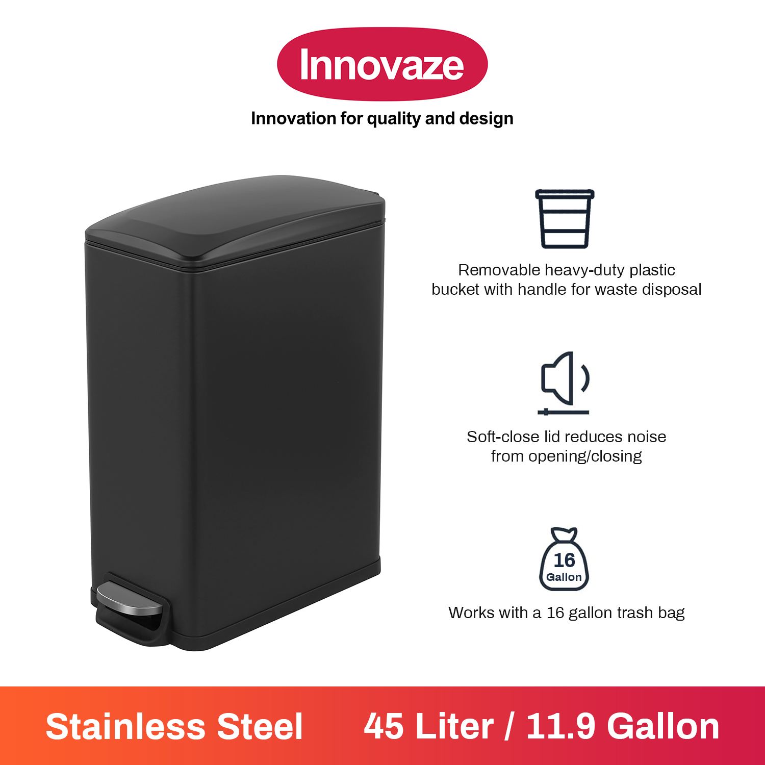 Innovaze 11.9 Gal./ 45 Liter  Slim Stainless-Steel-Made Step-on kitchen Trash Can (Matt Black)