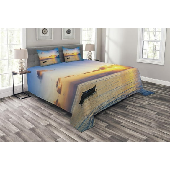 Ambesonne Ocean Quilted Bedspread Set 3 Pcs, Rising Sun Sea Maldives, Queen Size, Blue Coral Yellow