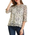 thumbnail image 1 of Blusa de Chiffon Floral para Mujeres Inspire Chic de Manga 3/4 con Cuello Redondo y Dobladillo con Volantes en Gris Púrpura 3XL, 1 of 6