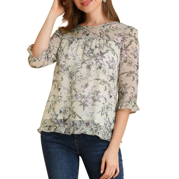 Unique Bargains Women s Floral Round Neck Ruffled 3 4 Sleeves Flowy Chiffon Blouse Grey Purple 3XL