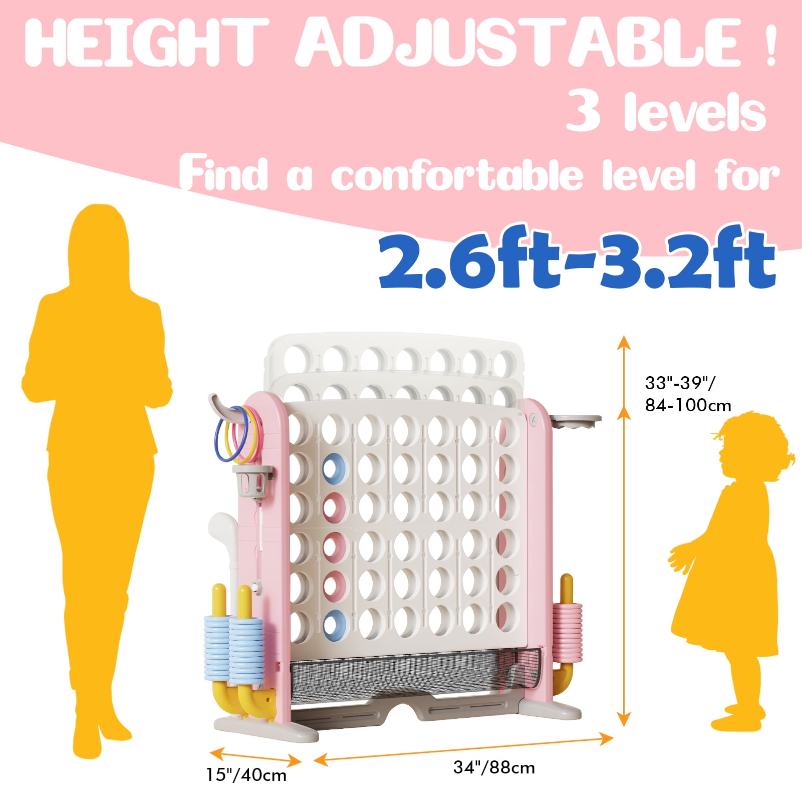 Wdmiya 4 in a Row Connect Games Set, Adjustable Height Connect 4 Jumbo Yard Family Game with Basketball Hoop, Mesh Pocket & Ring Toss,Indoor Outdoor Connect 4 Game for Kids Adults, White+Pink