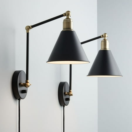 - 360 Lighting Modern Wall Lamp Plug-In Set of 2 Black and Antique Brass for Bedroom Reading Living Room