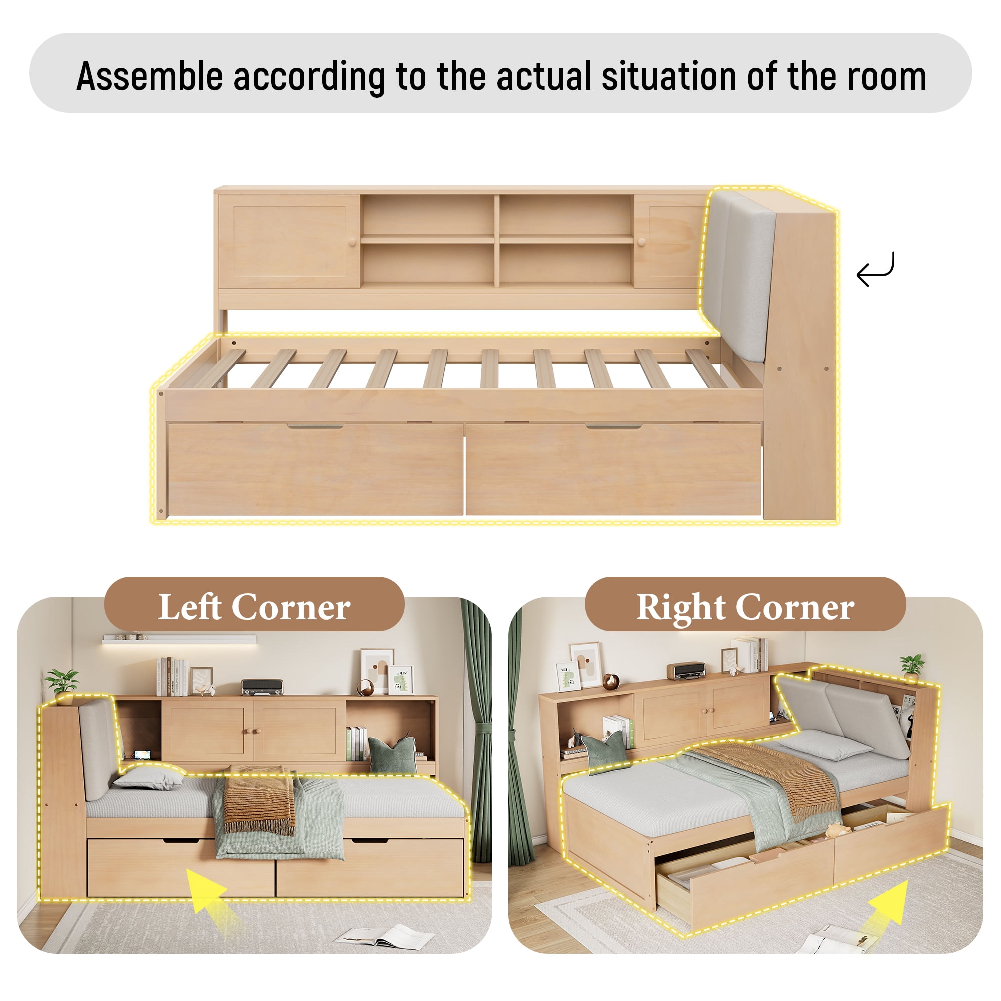 Mintazer Twin Size L-Shaped Corner Bed with Storage Drawers & Bookcase, Daybed with Upholstered Headboard & Charge Station for Home Bedroom Guest Room, Natural
