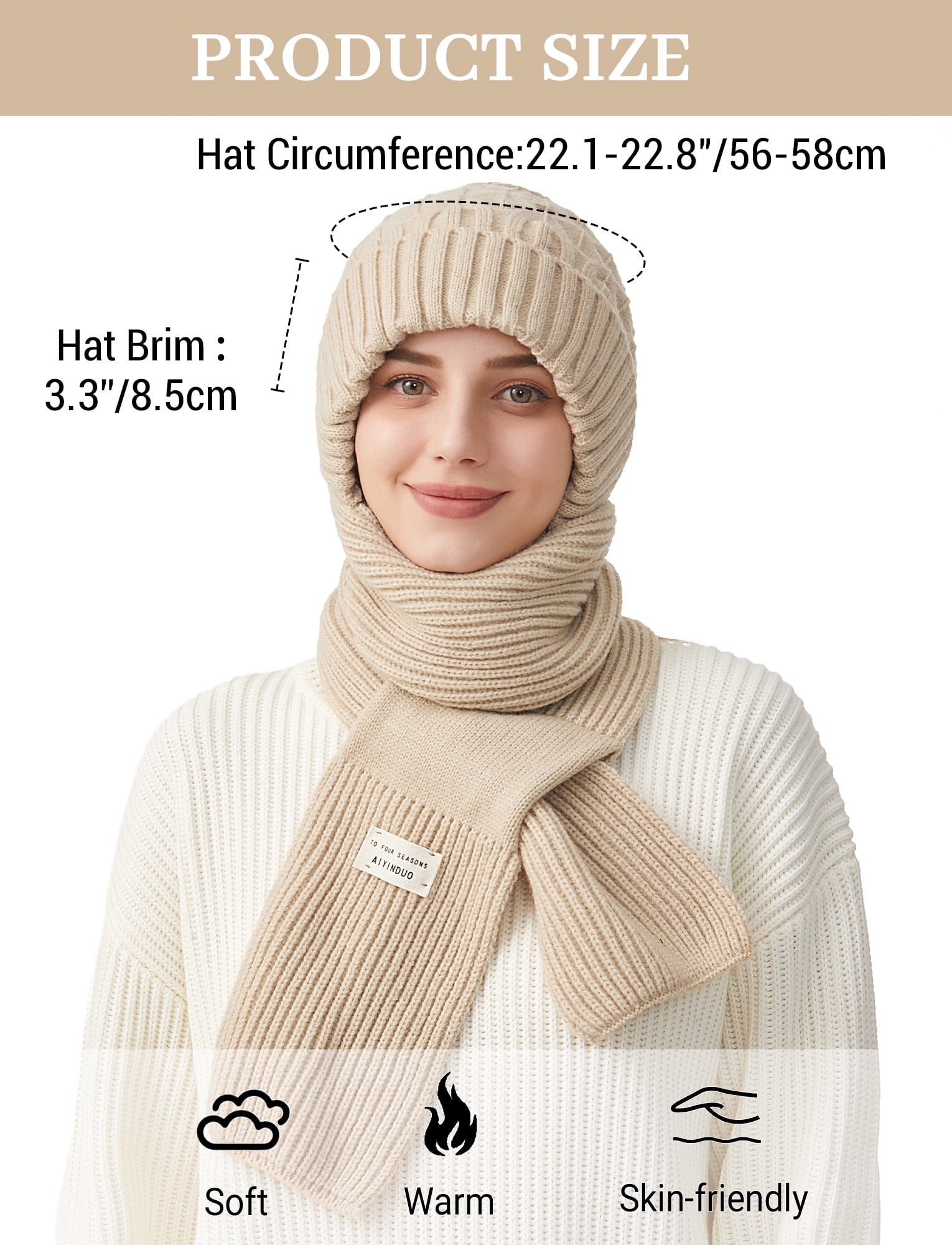 FEOYA Women Integrated Ear Protection Windproof Cap Scarf Winter Beanie Hats Scarf One-Piece Fleece Balaclava Hood Scarf Hat Warm Knitted Ski Scarf Hat Beige