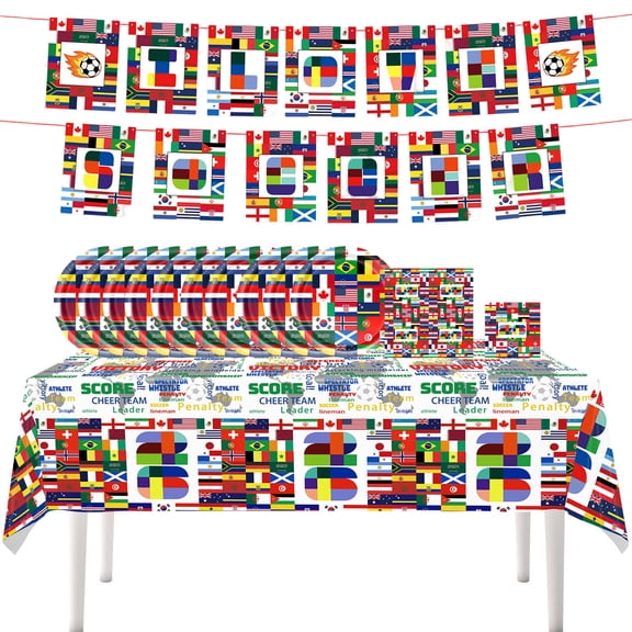 Virenlux International World Flags Tableware Set Decorations Paper Cake Dessert Dinner Plates and Napkins Cups Banner Tablecloth for Travel Trip Around the Globe Retirement Party Supplies