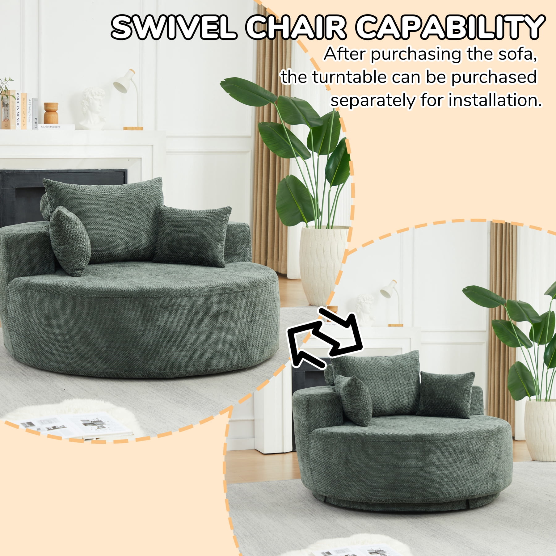 Leumius 55'' Oversized Round Chaise Longue Chair,Upholstered Chenille Single Cloud Circle Sofa Chair with Deep Seat,Fluffy Modern Sleeper Sofa Bed for Reading,Living Room,Bedroom,