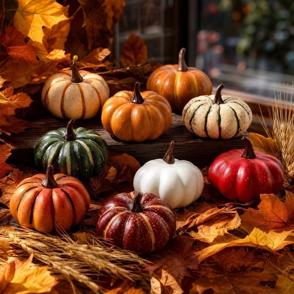 MInHoues 9 Pcs 2 Inch Mini Artificial Pumpkins, Assorted Fall Harvest Decorative Pumpkins for Thanksgiving Halloween Tiered Tray and Tabletop Display