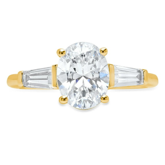 2.5 ct Oval Cut Real Genuine Natural Diamond SI1-SI2 G-H 14K Yellow Gold Three-Stone Promise Wedding Statement Engagement Designer Ring W/ Crystal side stones size 3.5
