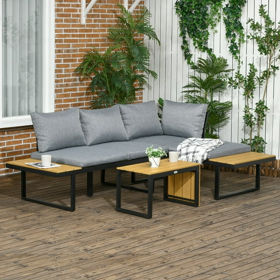 Outsunny 3 Piece Patio Furniture Set, Outdoor Sofa Set with Chaise Lounge & Loveseat, Soft Cushions, Woodgrain Plastic Table, L-Shaped Sectional, Gray