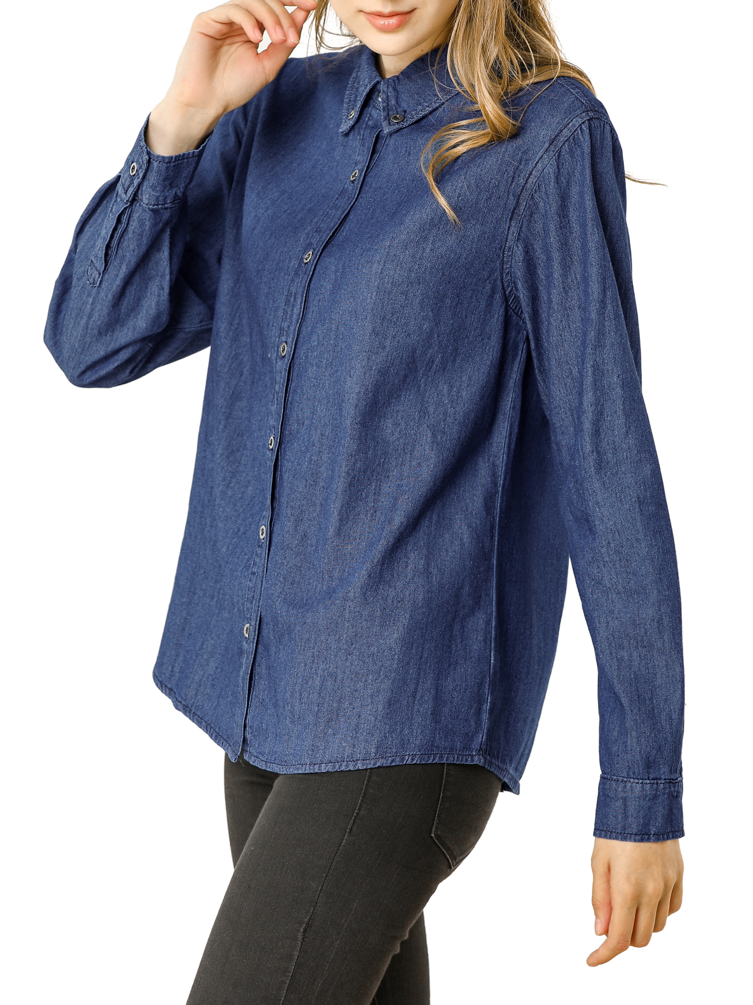 MODA NOVA Junior's Classic Long Sleeve Loose Button Bown Denim Shirt Dark Blue L - image 5 of 6