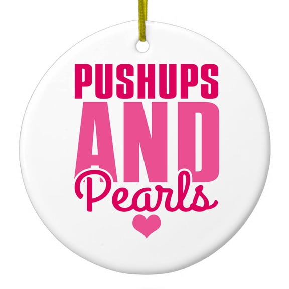 DistinctInk Hanging Ceramic Christmass Tree Ornament with Gold String - Great Gift / Present - 2 3/4 inch diameter - Pushups and Pearls