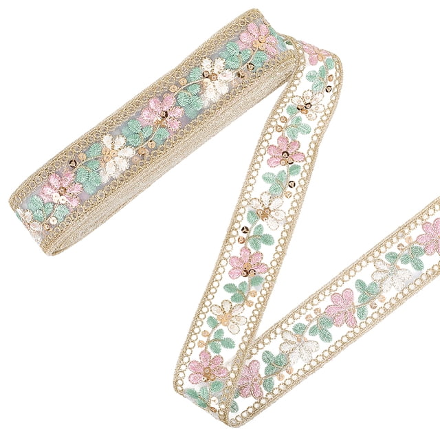 10 Yards Organza Jacquard Ribbon Polyester Floral Embroidered Sequin Woven Trim Tape Flower Embroidery Fabric Applique Ribbons for Sewing Making Crafts Wedding Dresses Bridal DIY Home Decor