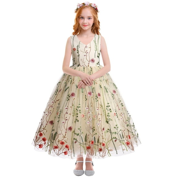 IBTOM CASTLE Embroidery Flower Girl Lace Dress for Kids Wedding Pageant Party First Communion Dresses Princess Bridesmaid Maxi Gown 7-8 Years Apricot