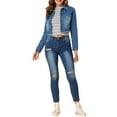 thumbnail image 2 of INSPIRE CHIC Veste en Denim Courte Délavée pour Femme à Col Rabattu, Effilochée, Boutonnée, Printemps Été, Bleu Foncé, TP, 2 of 7