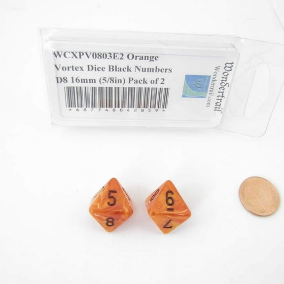Orange Vortex Dice with Black Numbers D8 Aprox 16mm (5/8in) Pack of 2 Wondertrail