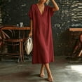 thumbnail image 6 of LNWUY Women's V Neck Linen Maxi Dress with Lace Trim Short Sleeve Solid Color Loose Pocket Long Dress Summer Casual Beach Dress Red XXL, 6 of 6