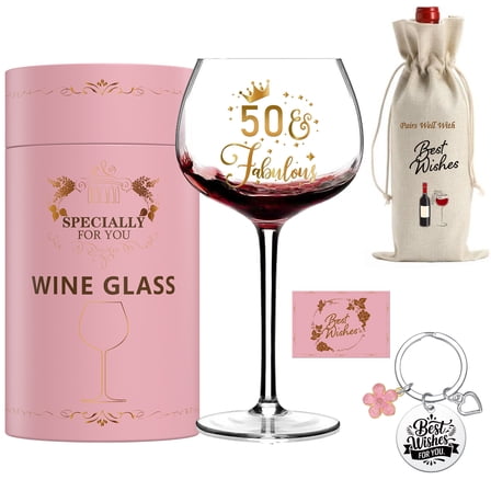 GALOFAY 50th Birthday Wine Glasses Gifts for Women, Cool Personalized Gold Print '50 Fabulous' Red Wine Glass Set, Pink Gift Package with Goblet, Wine Bag, Key Chain, and Card for 50 Years Old Woman