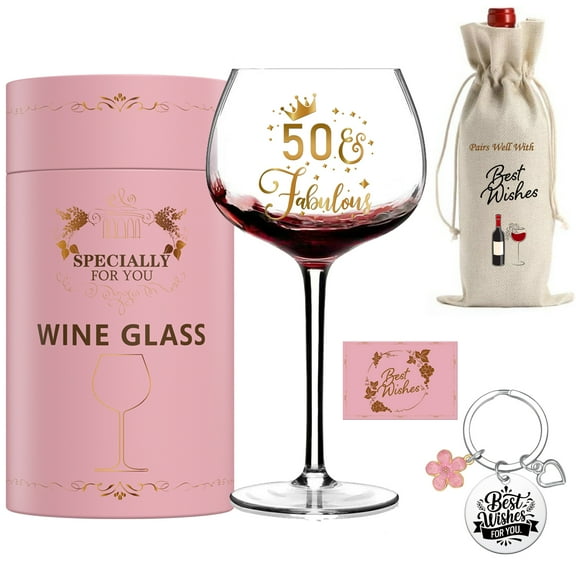 GALOFAY 50th Birthday Wine Glasses Gifts for Women, Cool Personalized Gold Print '50 Fabulous' Red Wine Glass Set, Pink Gift Package with Goblet, Wine Bag, Key Chain, and Card for 50 Years Old Woman