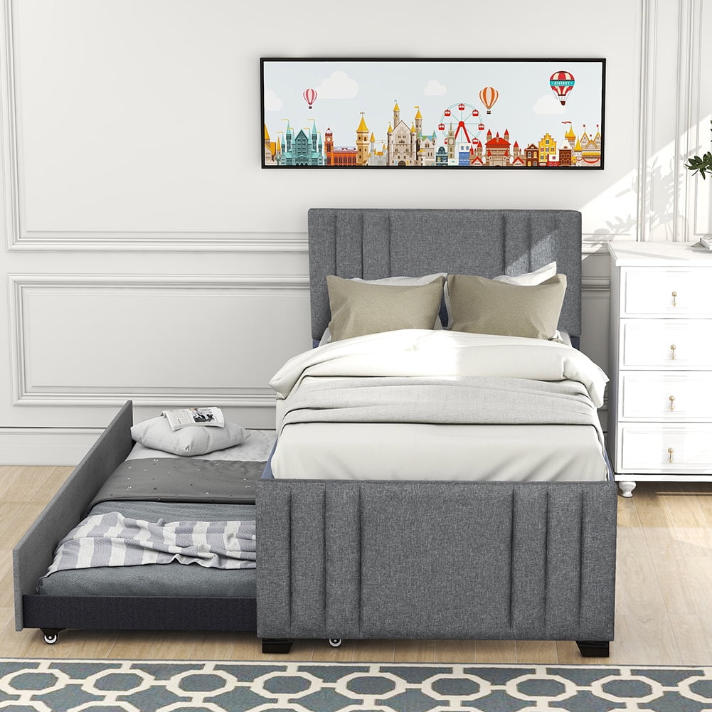 Kadyn Double Upholstered Platform Bed with Rollers, Modern Bedroom Twin, Grey Kadyn Double Upholstered Platform Bed with Rollers, Modern Bedroom Twin, Grey