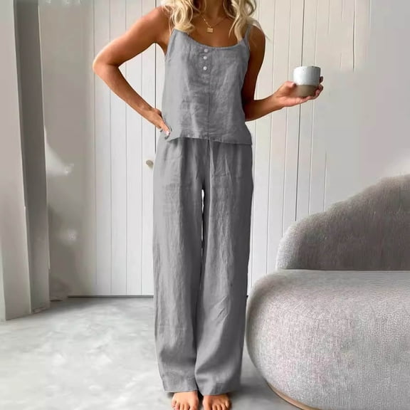Nuoqisi 2 Piece Set Summer Travel Beach Vacation Outfit Fashion Spaghetti Strap Tank Top and Pants 2026