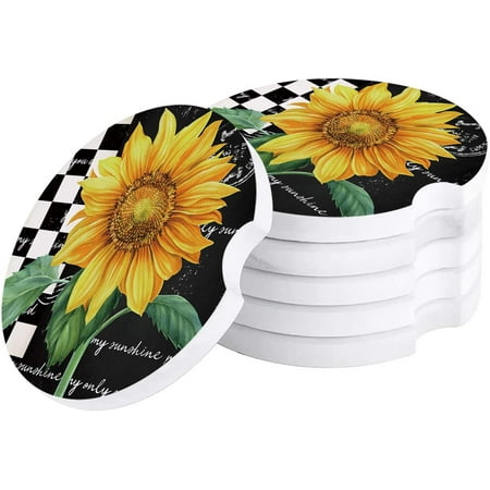 

KXMDXA Farm Summer Sunflower Black Plaid Set of 2 Car Coaster for Drinks Absorbent Ceramic Stone Coasters Cup Mat with Cork Base for Home Kitchen Room Coffee Table Bar Decor