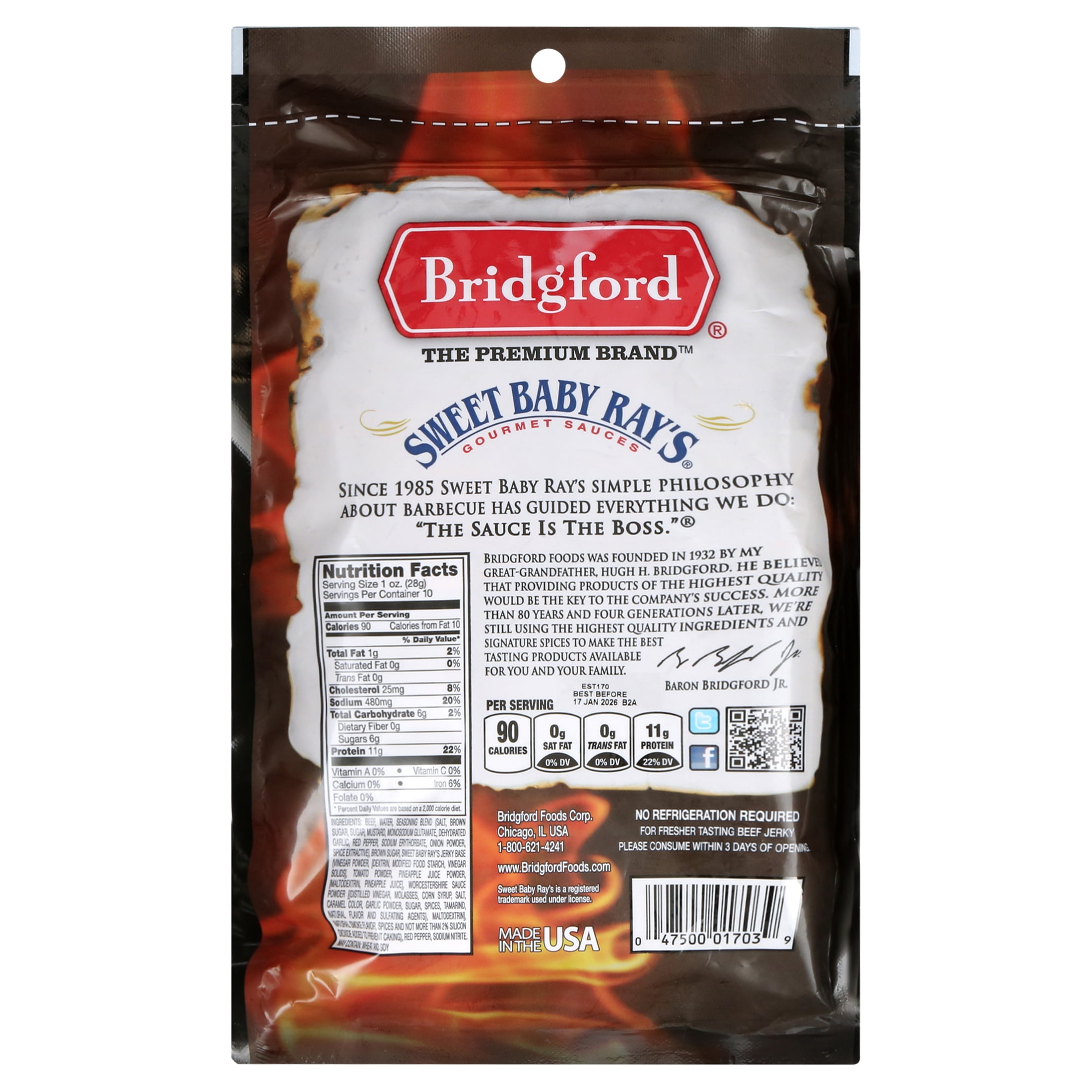 Bridgford 100% Beef Sweet Baby Ray's Sweet 'N Spicy Beef Jerky 10oz Resealable Bag