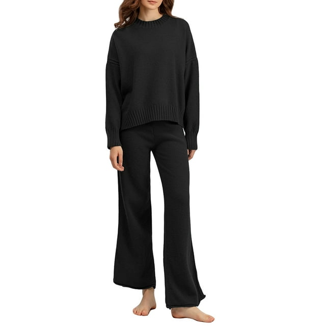 Faithtur Ensemble Décontracté pour Femmes, Chandail d'Hiver Uni à Col Rond et Pantalon à Jambe Grand, Tenues d'Hiver 2 Pcs