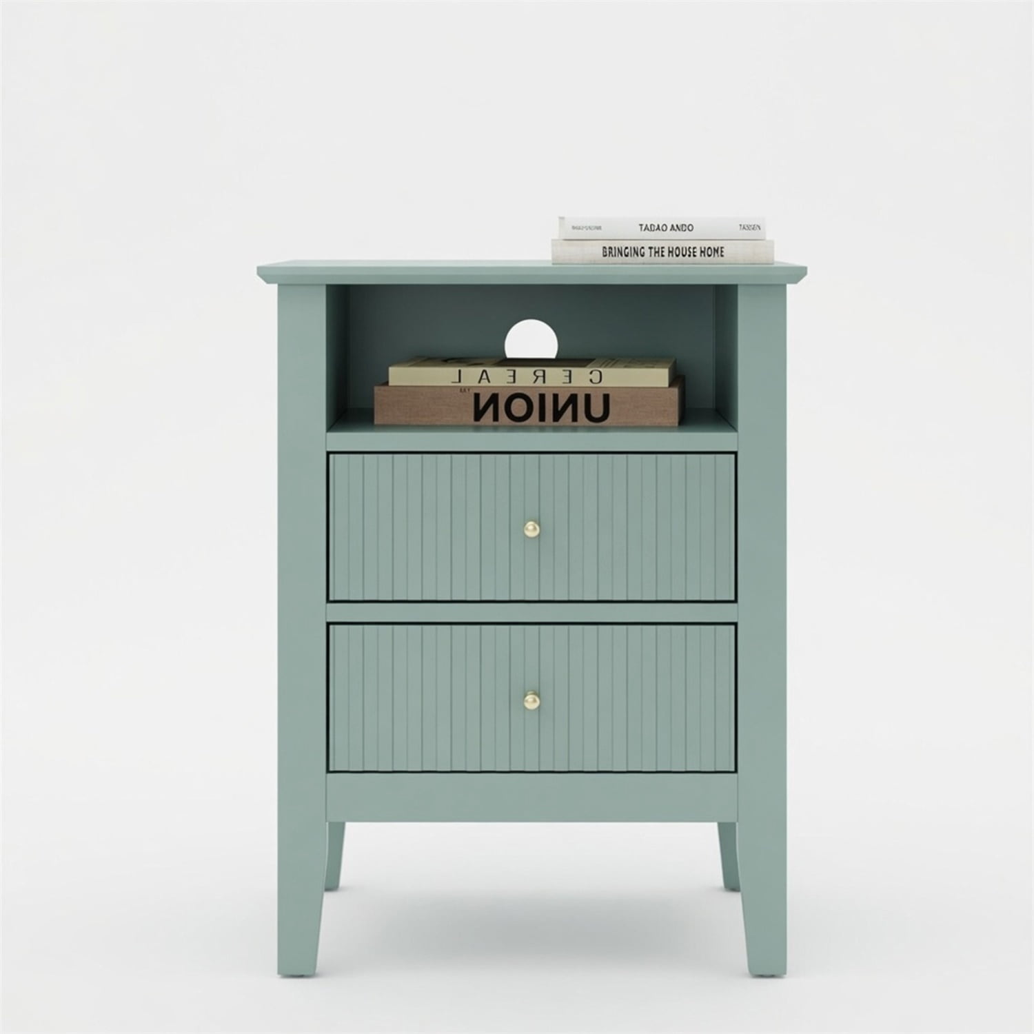 Hommoo 18"W Wooden Fluted Nightstand Set of 2,with 2 Drawers & Open Shelf, Modern Bedroom Sofa Side Table, Green
